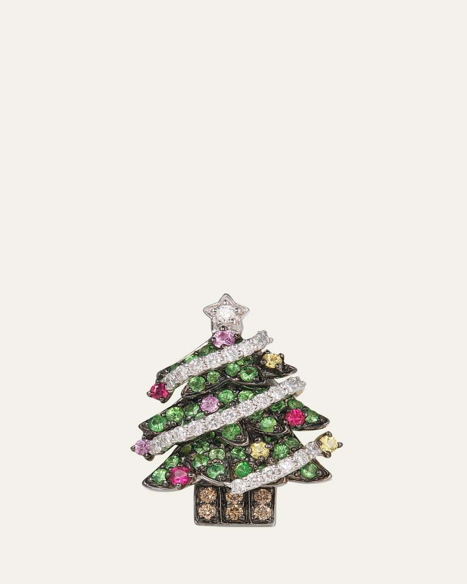 White Gold Christmas Tree Single Earring with Green Garnet and Sapphires